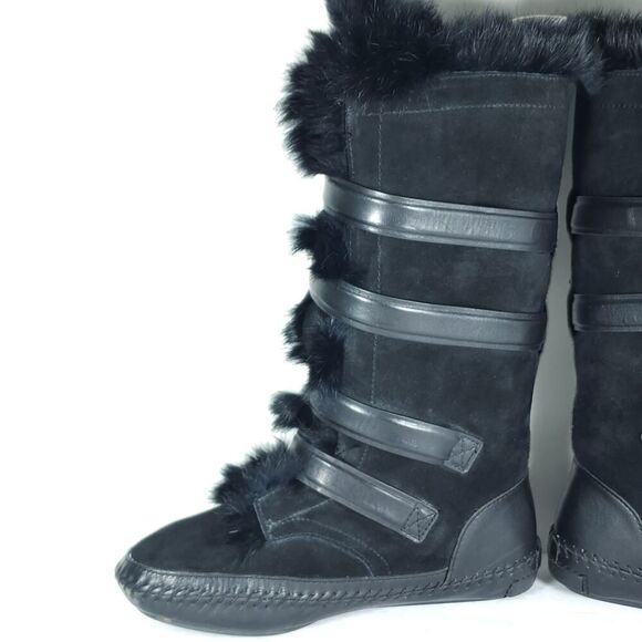 Tory Burch Women's Jaden US8 Black Rabbit Fur Lined Leather Suede Winter Boots - Picture 6 of 16